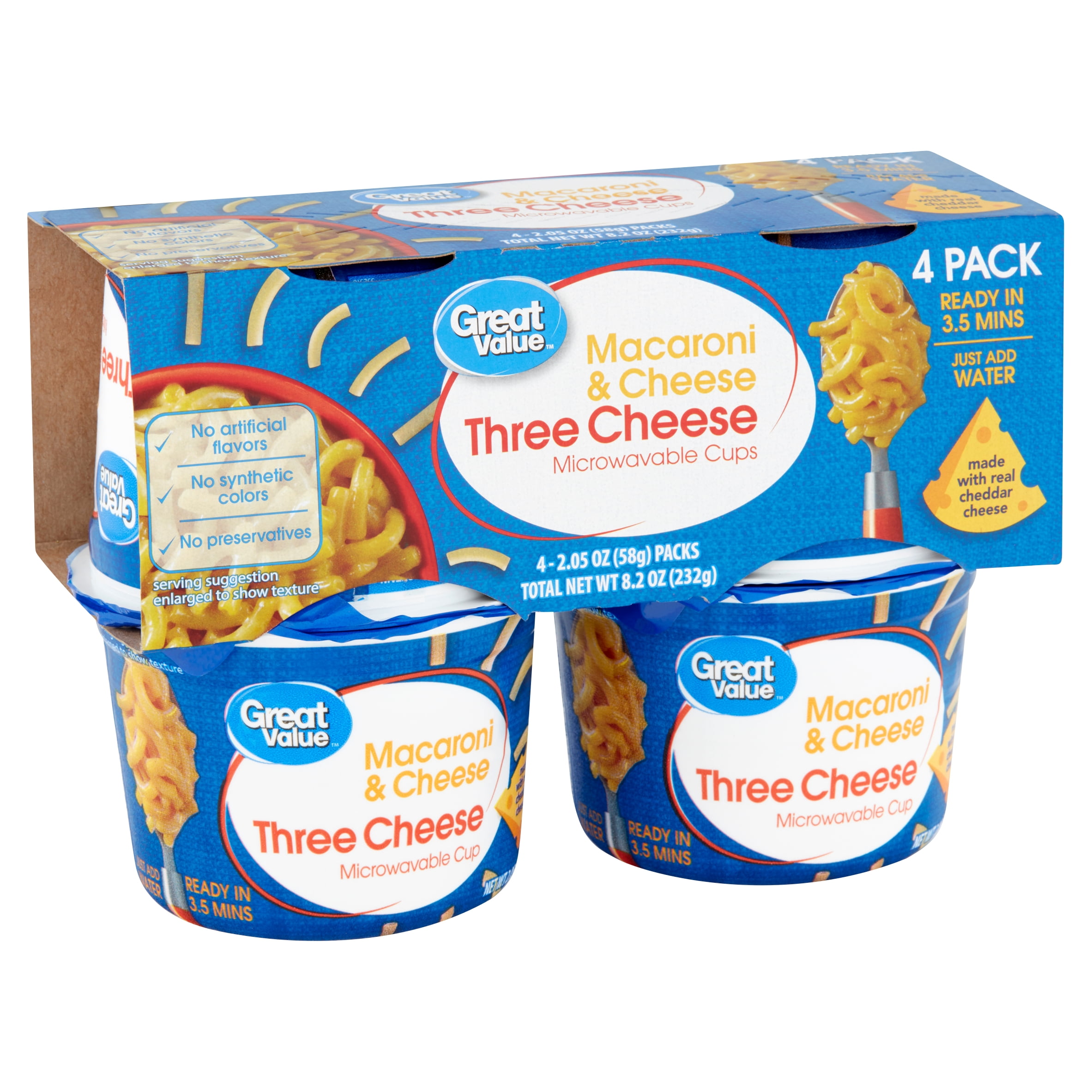 Great Value Three Cheese Macaroni & Cheese, 2.05 oz, 4 count