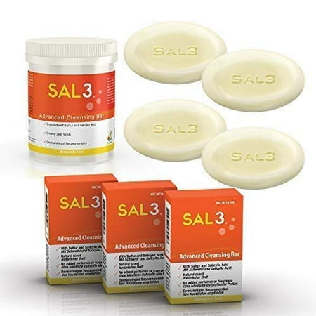 4 Pack - SAL3 Cleansing Bar - in special Suds Jar + refill soap bars - 3% salicylic acid, 10% sulfur - Ideal for Acne, Seborrheic Dermatitis, Keratosis Pilaris, Tinea Versicolor, Rosacea, (Best Medicine For Rosacea)