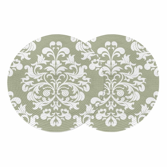 Baroque Sage Green Round 15 Inch Placemats Set of 2, Vintage Damask Classic Floral HeatResistant Non Slip Place Mats for Dining Table, Wipeable Braided Kitchen Table Mats for Housewarming