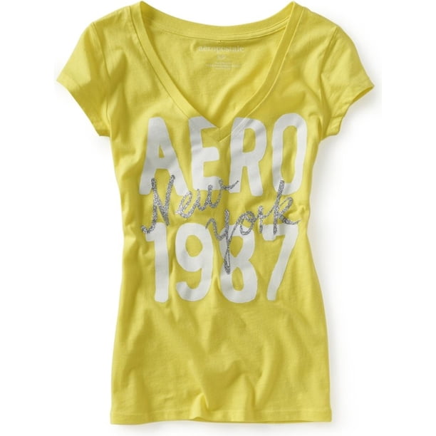 Aeropostale Womens Aero New York 1987 V-Neck Graphic T-Shirt, Amarillo, Small