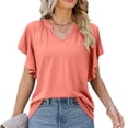 thumbnail image 1 of Mujeres V cuello ruffle manga corta camisas verano moda casual suelta puro color mujer ruffle manga corta blusa coral rojo XXL, 1 of 6