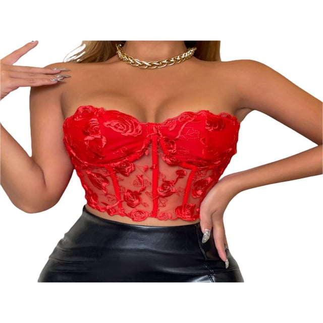 MesaSe Women Bustier Tube Tops See Through Embroidery Flower Off-Shoulder Tank Party Street Backless Crop Tops