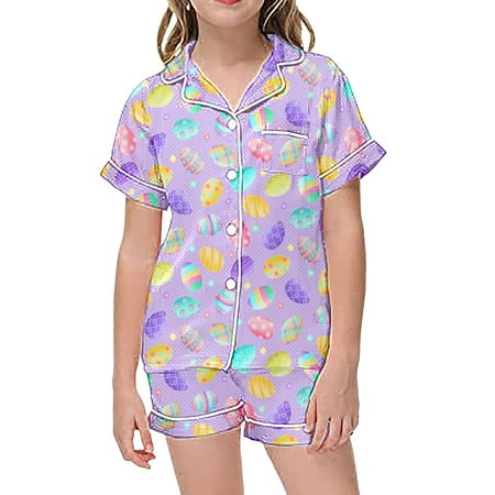 

EFGYYF Girl Outfits 2 Piece Sets Pajamas For Kids Children Graphic Print Short Sleeve Button Shirt Shorts Pajama Set Girl Clothes Purple 4-5 Years