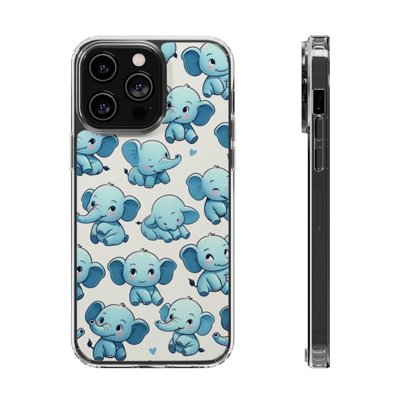 DistinctInk Clear Hybrid Case for Apple iPhone 12 Pro (6.1" Screen) - Whimsical Blue Elephants: Endlessly Repeatable Pattern - Raised Bezel Screen Guard