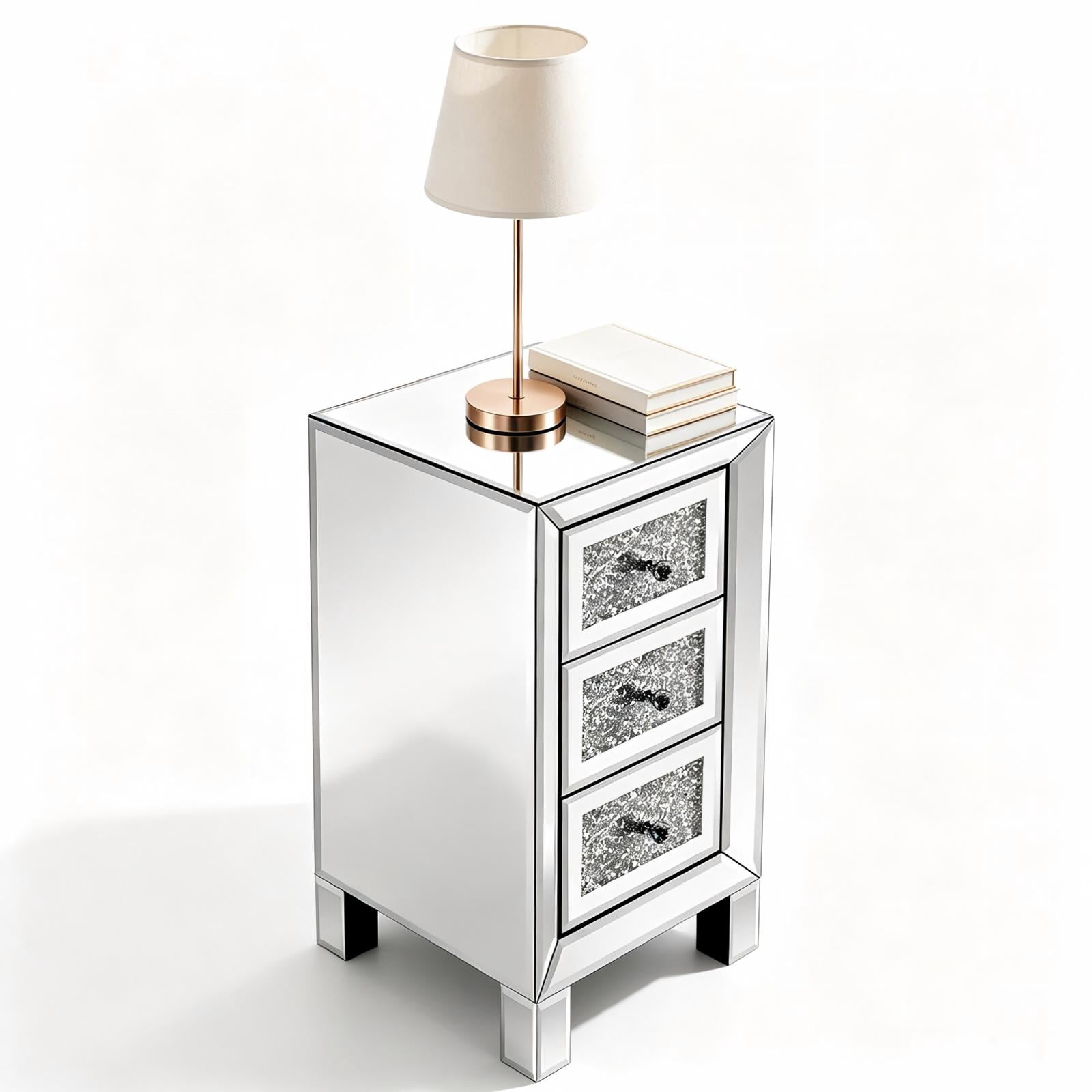 3-Drawer Mirrored Nightstand with Crushed-Diamond Drawer Fronts, Slim Bedside Table for Bedroom, Dressing Room, or Guest Room