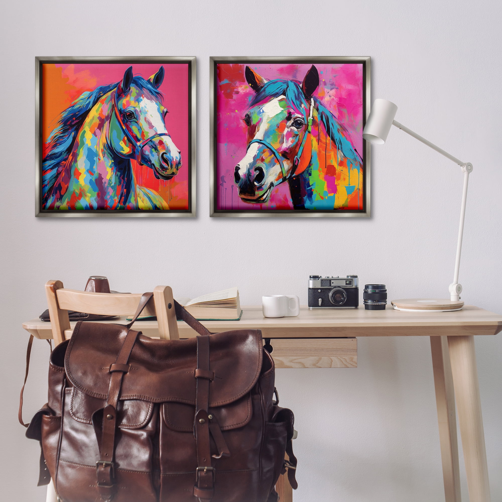 Stupell Industries Bright Neon Horse Portrait Animals Painting Gray Floater Framed Canvas Art Print Wall Art, 25 x 25, Set of 2