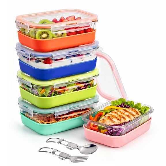 Sindcom 5 Pack 28oz Glass Food Storage Containers with Silicone Sleeves, Meal Prep Lunch Boxes Airtight BPA-Free Plastic Lids, Includes 304 Stainless Steel Spoon & Fork Set