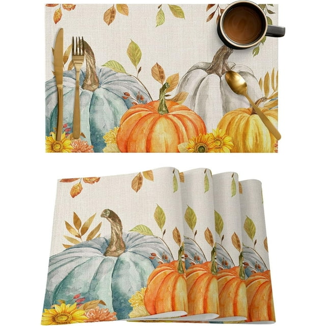 Thanksgiving Pumpkins Autumn Placemats Set of 4 Heat-Resistant&Anti-Skid Stain Resistant Table Mats Washable Place Mats for Thanksgiving Decorations/Party/Indoor Outdoor Fall Leaf Harvest