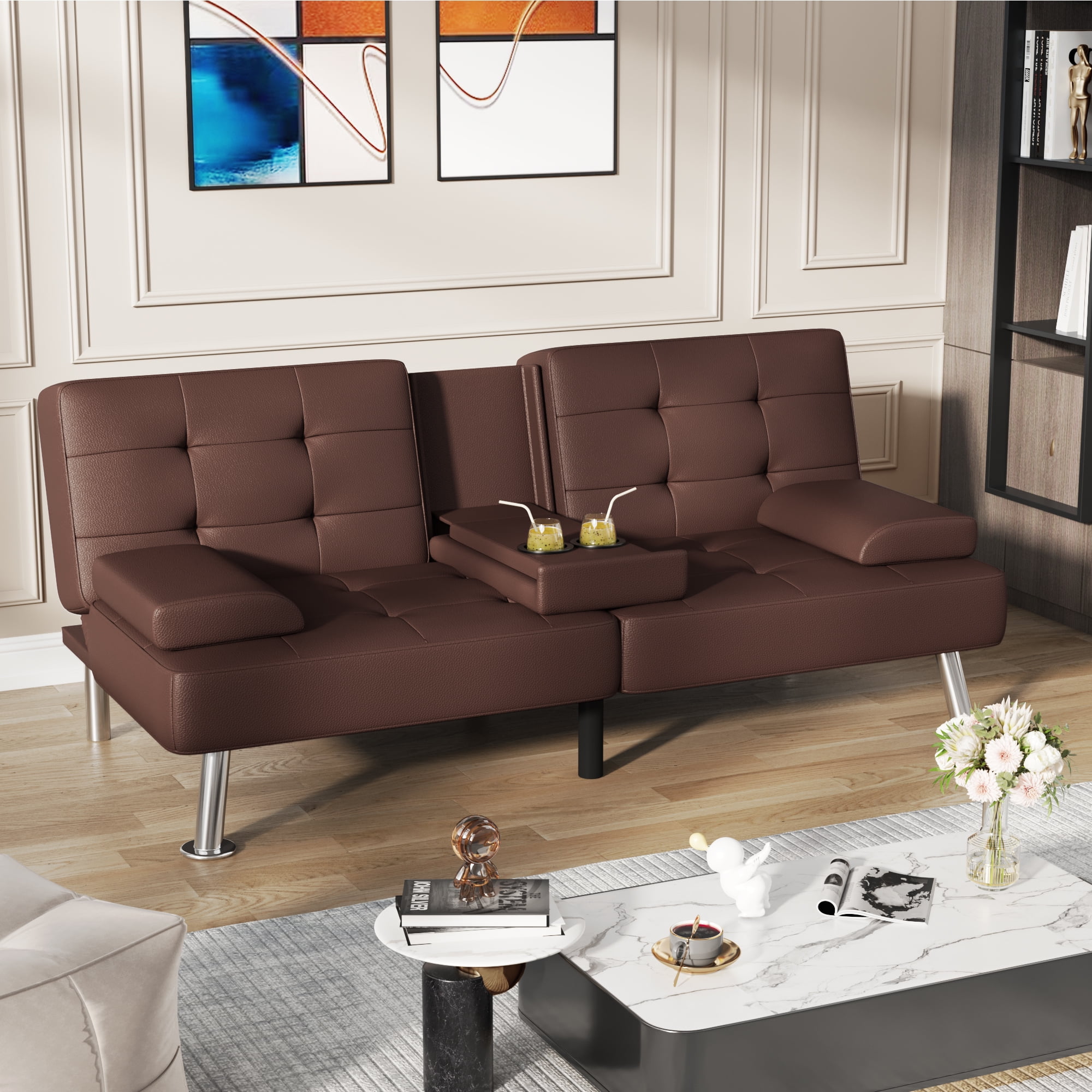 Homall Futon Sofa Bed Faux Leather Couch Modern Convertible Folding Recliner with 2 Cup Holders