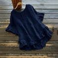 thumbnail image 2 of YDFCWXW Linen Tops for Women Short Ruffle Sleeve Shirts Crewneck Pleated Blouses Dressy Casual Fashion Button Down Tunic Top Navy, XL, 2 of 5