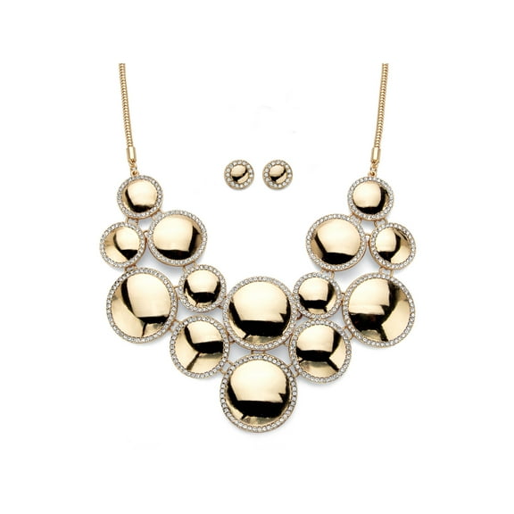 PalmBeach Jewelry Round Crystal 2-Piece Halo Disc Button Earring and Bib Necklace Set in Goldtone 20"-22.5"