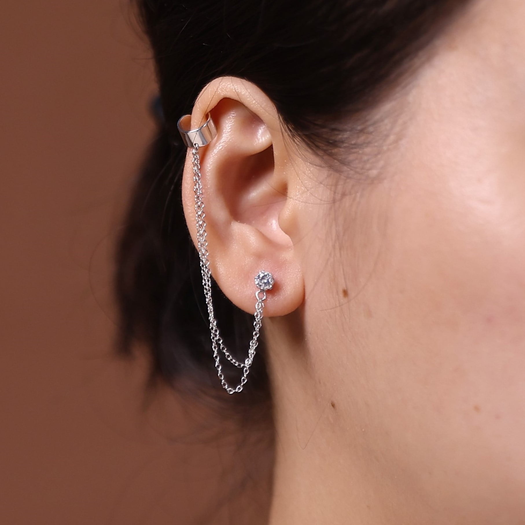 ピアス wing bling 925 Silver Rodis Cubic Ear Cuff Bling Jewelry Womens Plain Band With Chain Ear Cuff CZ Stud