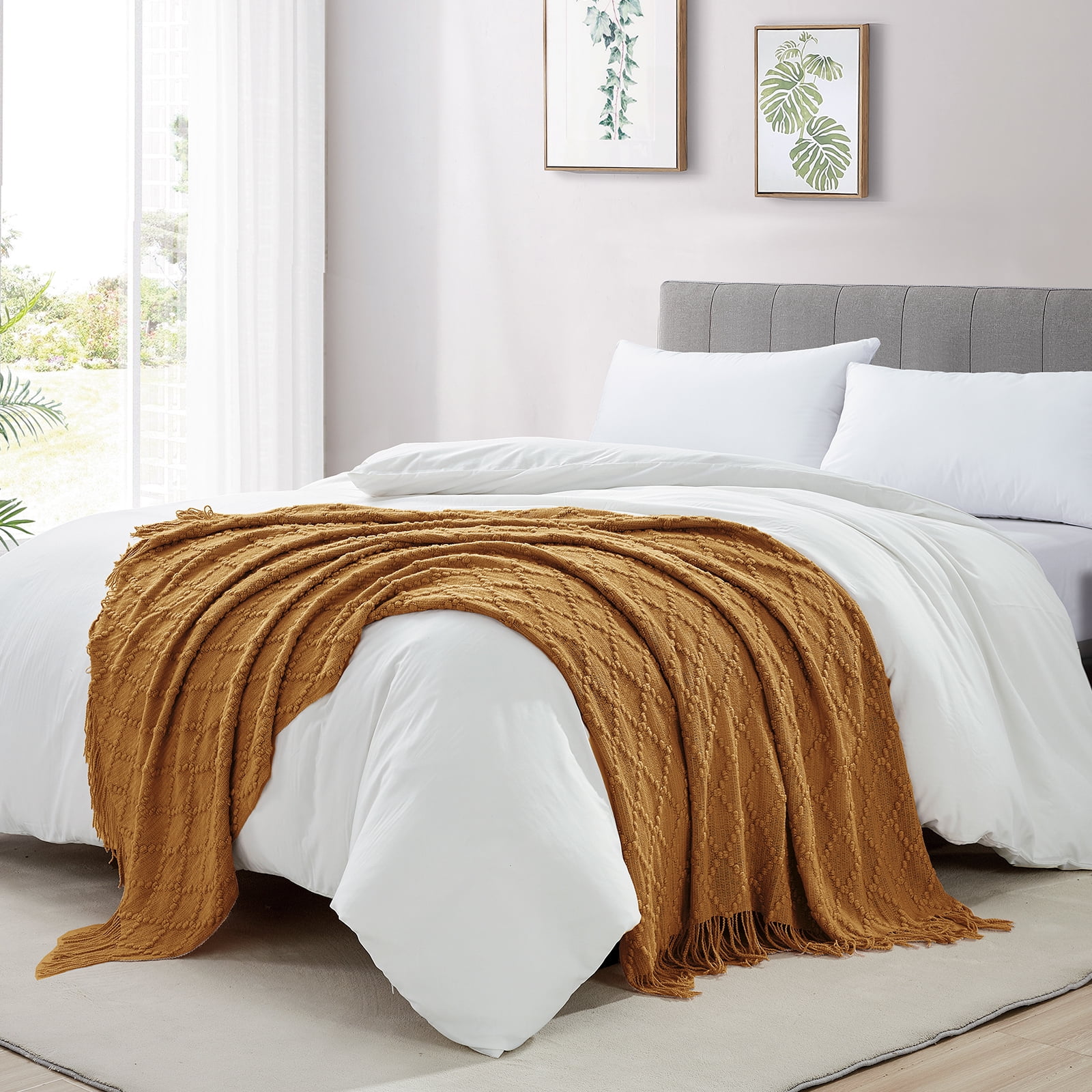 Bourina Throw Blanket Textured Solid Soft Throws and Blankets for Sofa or Bed Knitted Decorative Blanket 50 x70 inches Jacquard Rhombu Almond for Adults