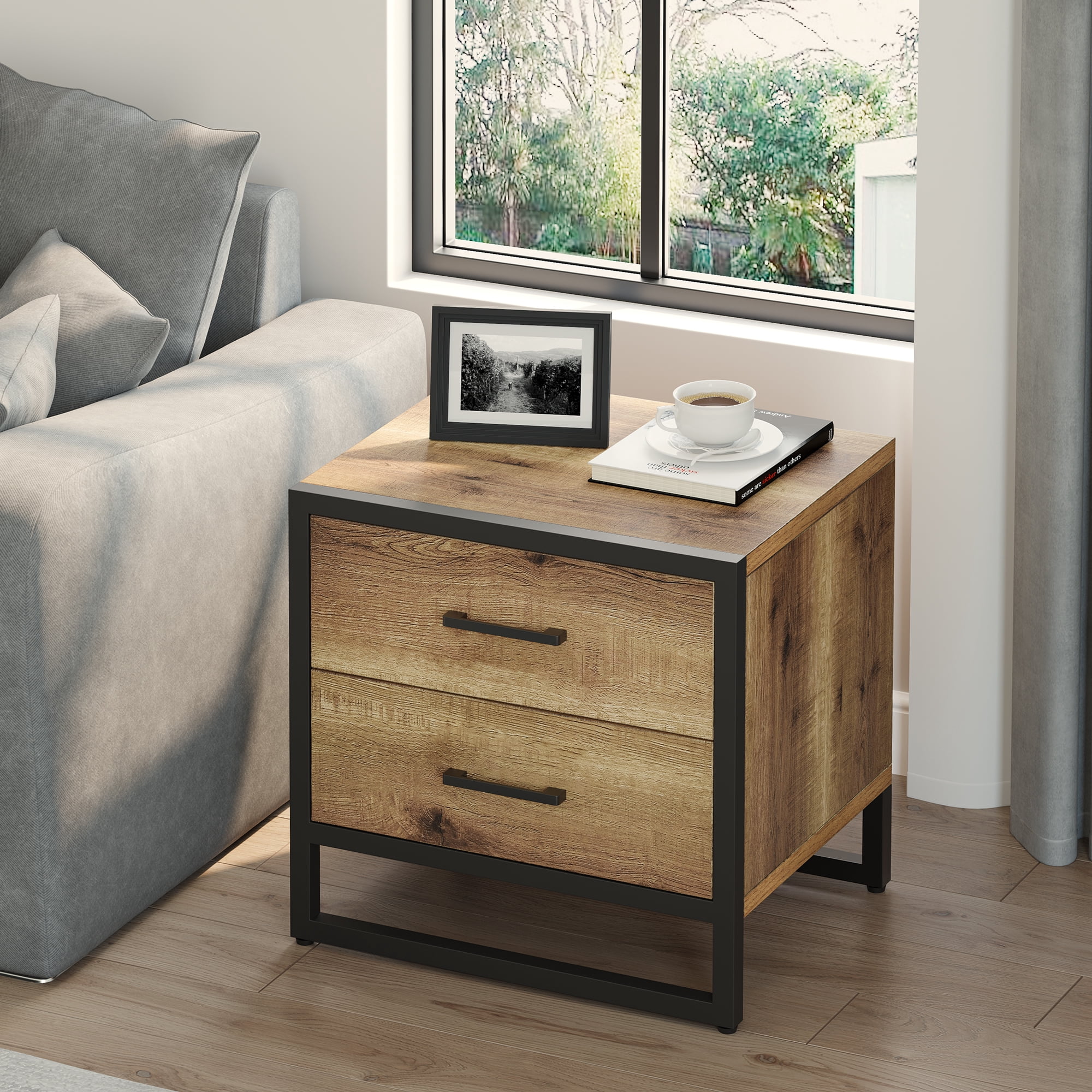 Dextrus Modern Nightstand End Side Table with 2 Drawers and Metal Frame for Bedroom Living Room, Brown and Black