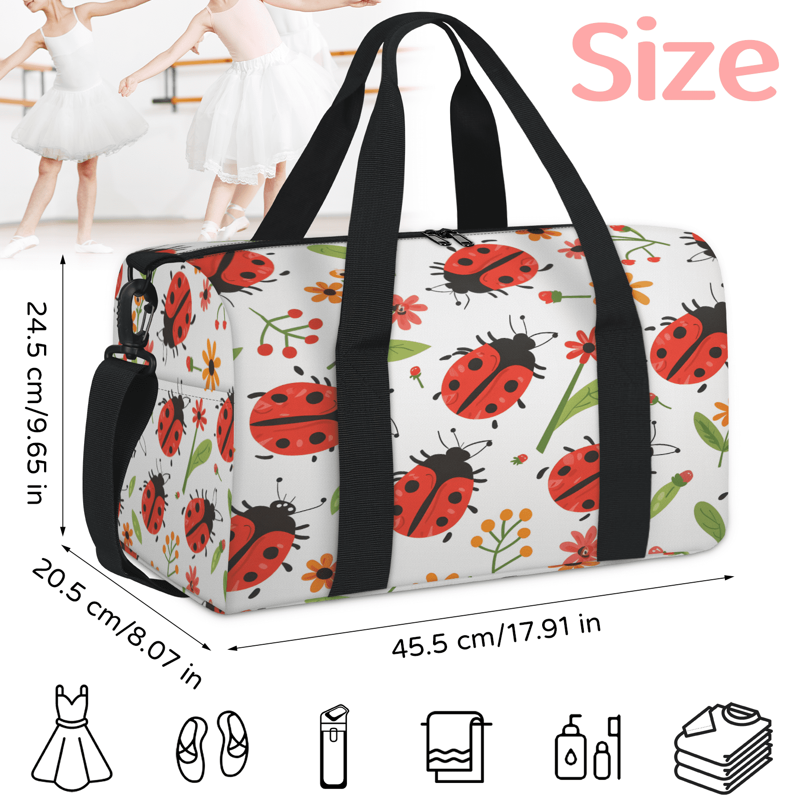 Herdesigns Ladybugs Travel Duffle Bag Sports Yoga Weekender Overnight Carry on Workout Bags Lightweight Waterproof Gym Tote Bag for Women