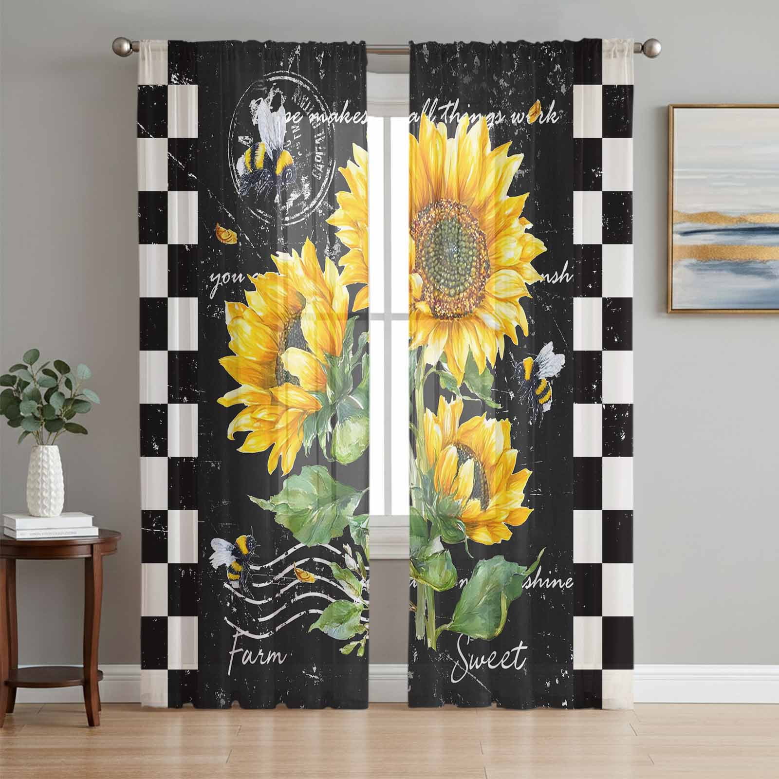 Sunflower Black Semi Sheer Curtains 84 Inch Length 2 Panels Set Vintage Farm Bee Black White Plaid Sheer Kitchen Curtain Privacy Voile Window Curtain for Living Room Bedroom Rod Pocket Drapes