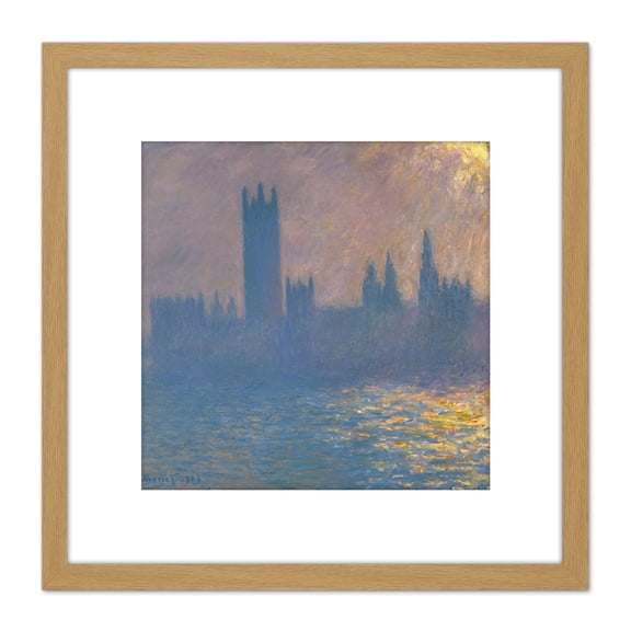Claude Monet Houses Of Parliament Sunlight Effect 8X8 Inch Square Wooden Framed Wall Art Print Picture with Mount