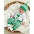 thumbnail image 3 of Spewahor Infant Baby Boys Irish Day Outfit 0 3 6 12 Months Crew Neck Letter Clover Embroidery Romper Drawstring Pants Hat Sets, 3 of 9