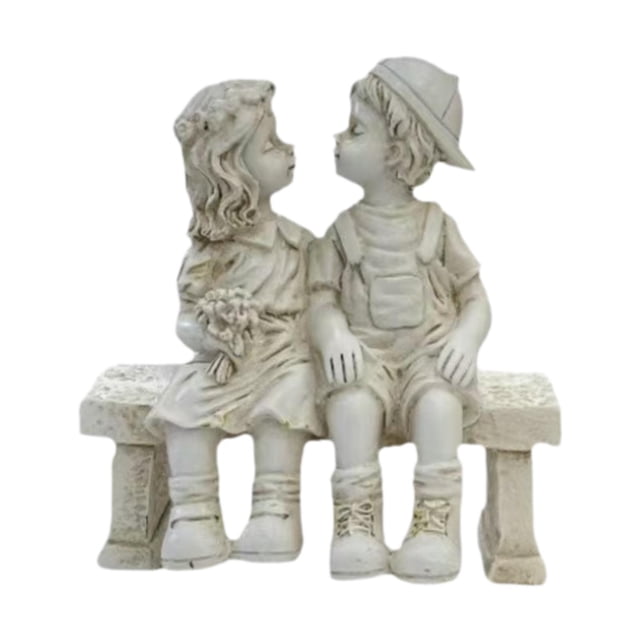 Estatua de resina para jardín de niño y niña en un banco, colección de figuras en miniatura para interiores, ideal para pasarelas, cumpleaños, porche
