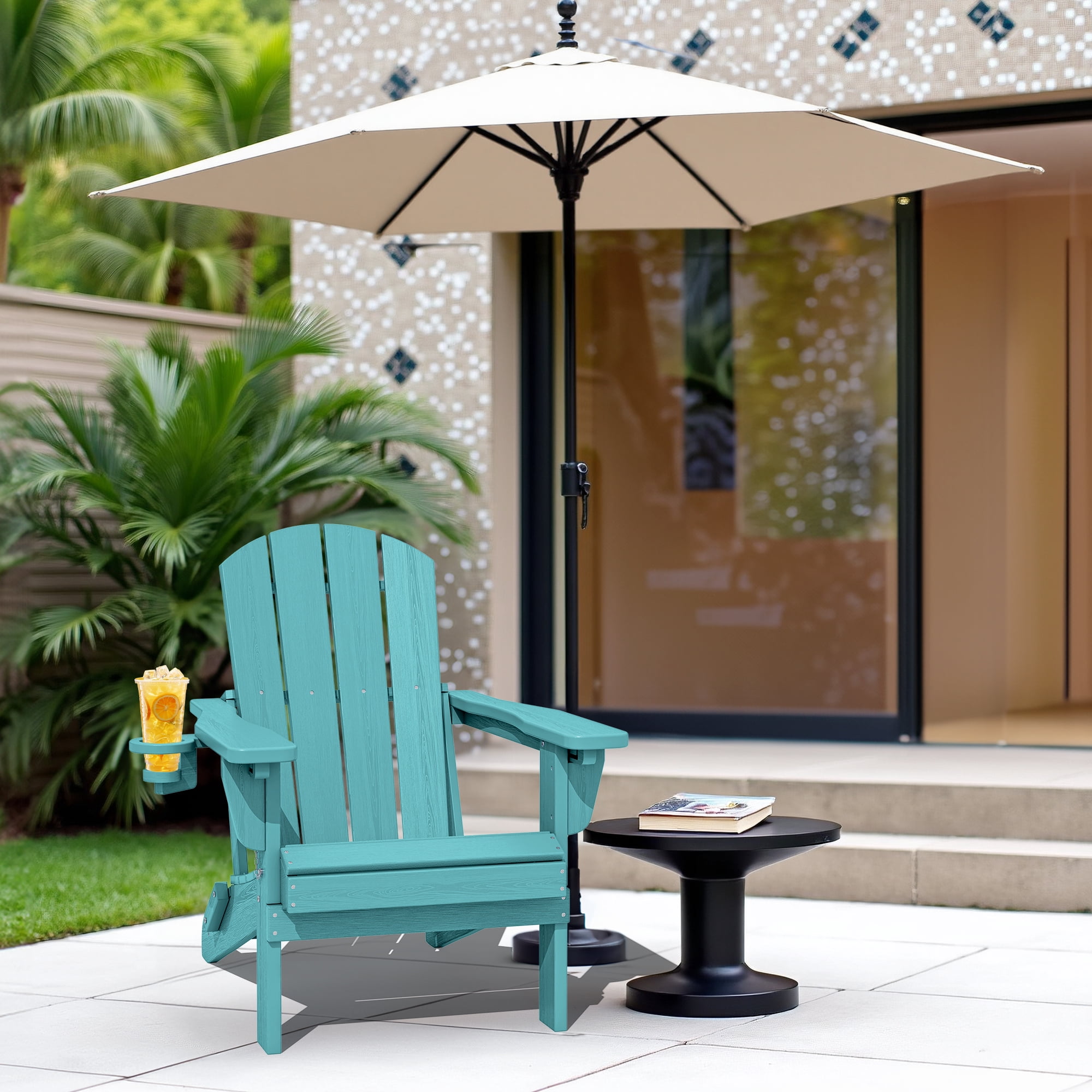 SERWALL Adjustable Folding HDPE Adirondack Chair Outdoor with Cup Holder, for Outdoor, Patio, Poolside, Garden, Aruba Blue