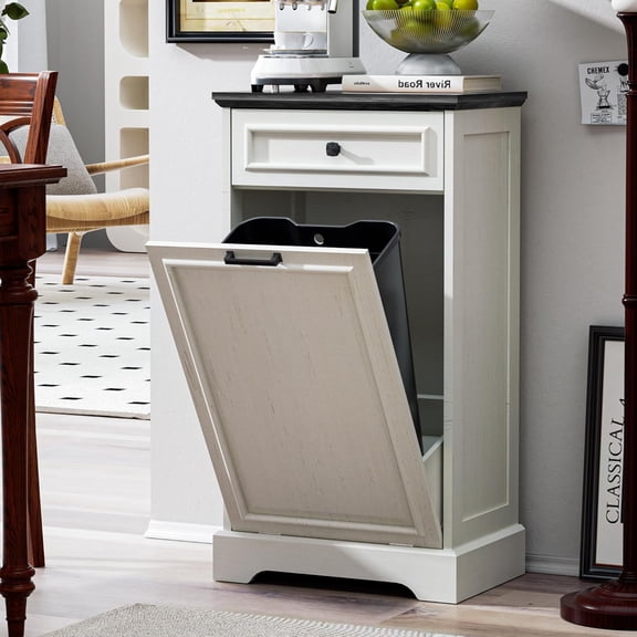 Spurgehom 13 Gallons Tilt Out Trash Can Cabinet Hidden Kitchen Waste Bins Free Standing Recycling Trash Cabinets with Drawer Pet Proof Trash Can for Kitchen and Living Room, Antique White and Black