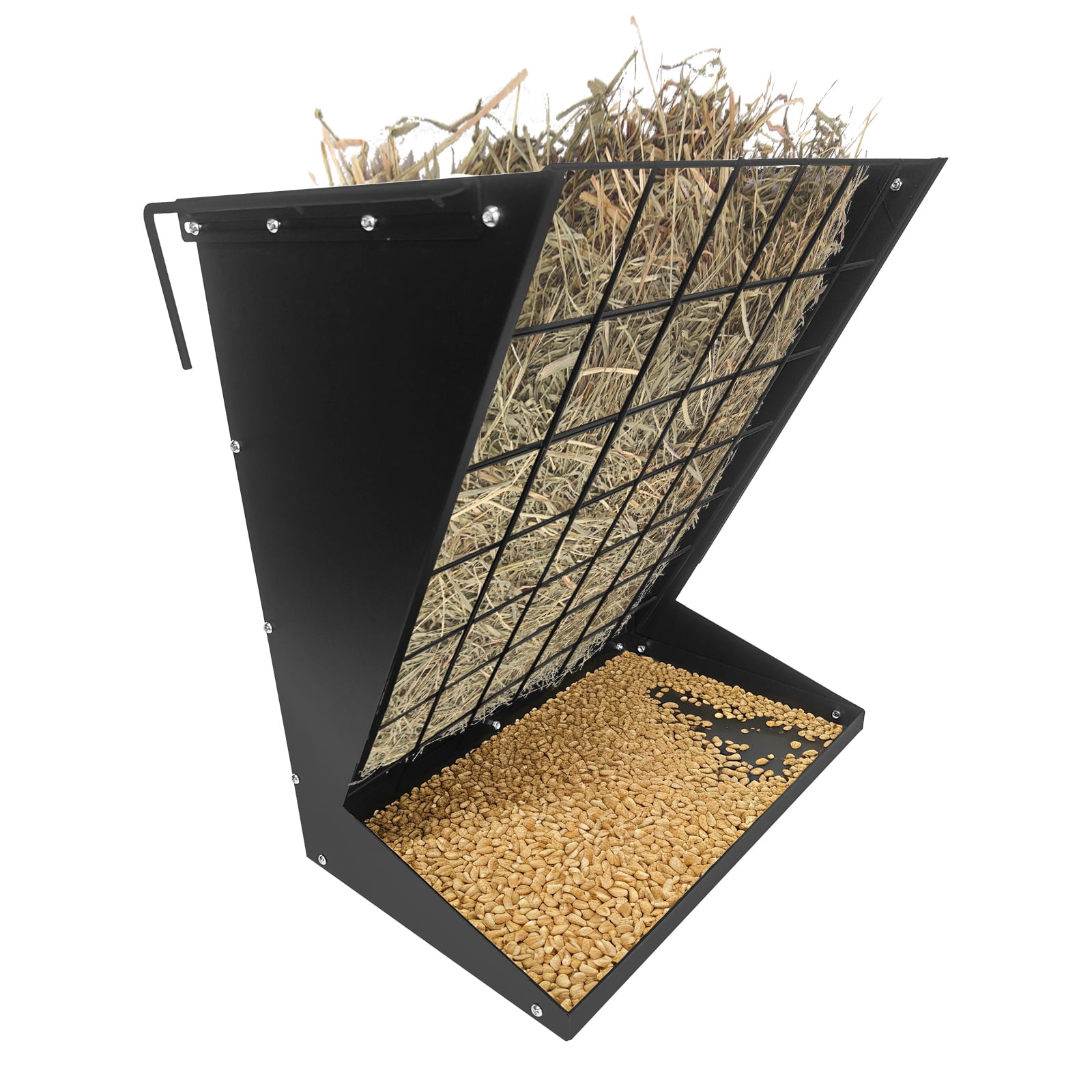 Wall Mount Hay Rack Heavy-Duty Galvanized 2 in 1 Hay and Grain Feeder Livestock Feeder with Adjustable Distance Wall-Mount Hay Feeder for Goats Sheep Horses Indoor & Outdoor Use