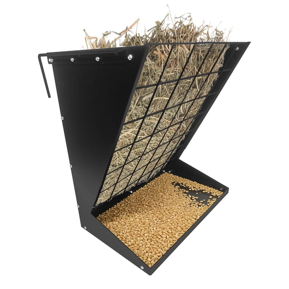 Wall Mount Hay Rack,Heavy-Duty Galvanized 2 in 1 Hay and Grain Feeder, Livestock Feeder with Adjustable Distance,Wall-Mount Hay Feeder for Goats,Sheep,Horses,Indoor & Outdoor Use