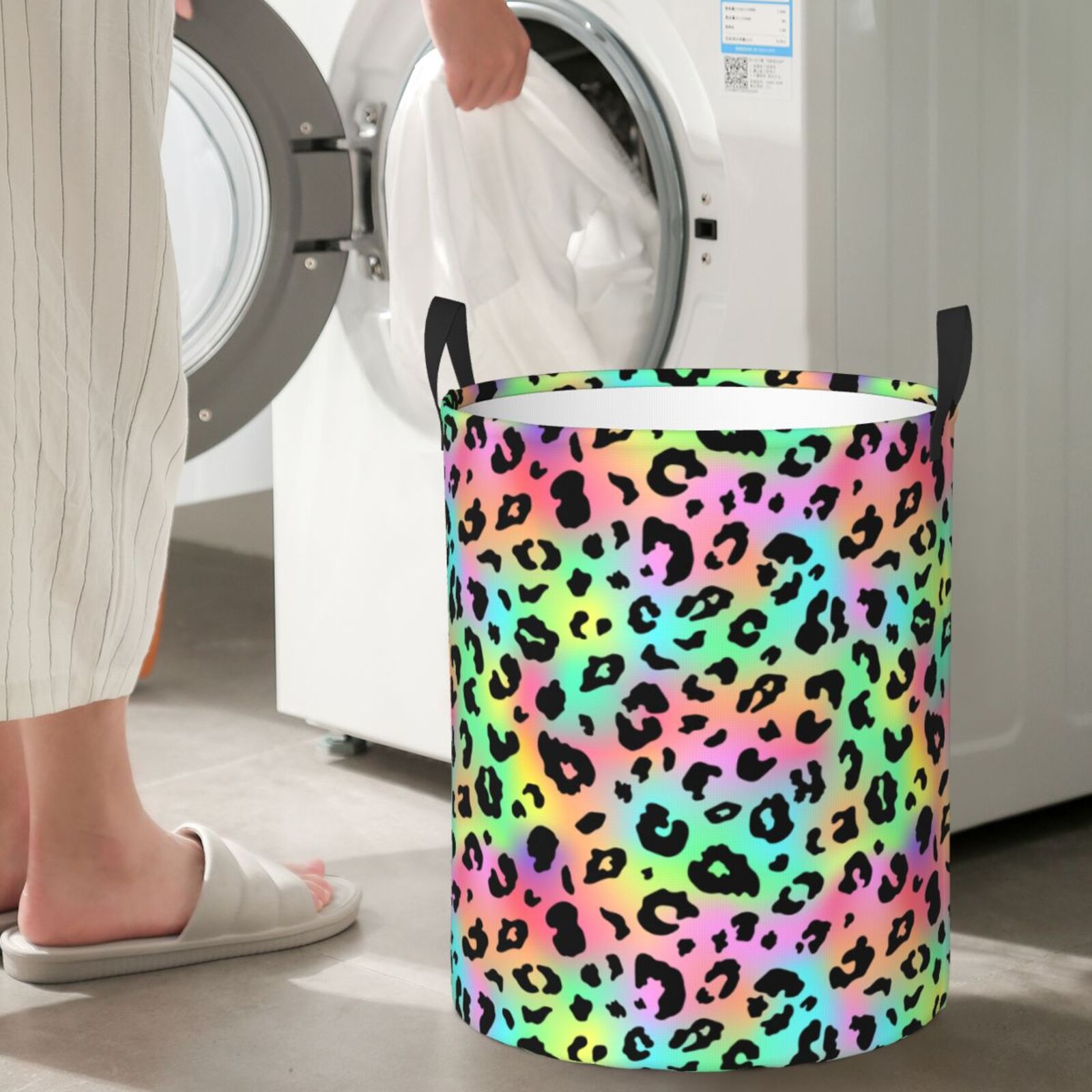 Large Laundry Basket with Handles - Trendy rainbow Leopard cool Kids Baby Dirty Clothes Laundry Hamper for Bedroom Aesthetic