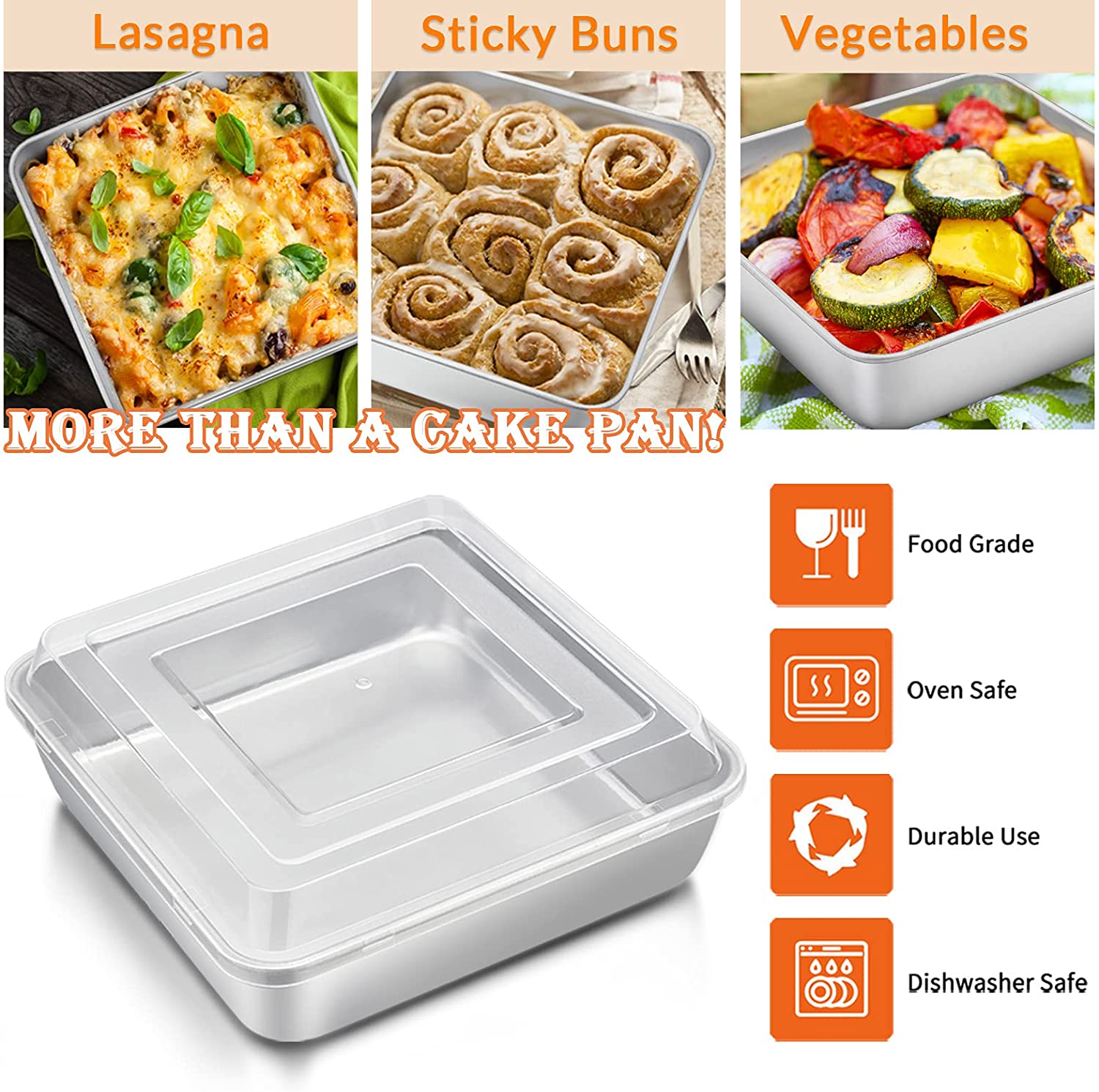 Vesteel 8-Inch Square Baking Pan with Lid Set (2 Pans + 2 Lids) photo 5