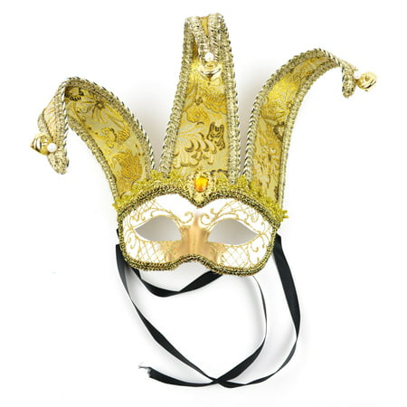 Midwest Design Jester Bells Masquerade Half Mask, White Gold, One-Size Adult