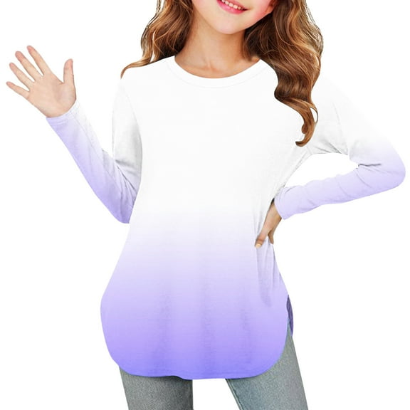 YUNAFFT Girls Ombre T-Shirt Long Sleeve Round-Neck Blouse with Side Slit Comfort Fit Stretchy Soft Fabric 2-12Y