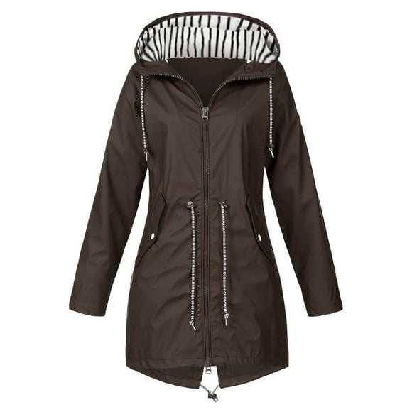 DDAPJ pyju Plus Size Rain Jackets for Women on Clearance,Striped Lined Lightweight Hooded Raincoat Drawstring Waist Zip Windbreaker Coat Outdoor Softshell Jacket for Hiking,Travel,Sport