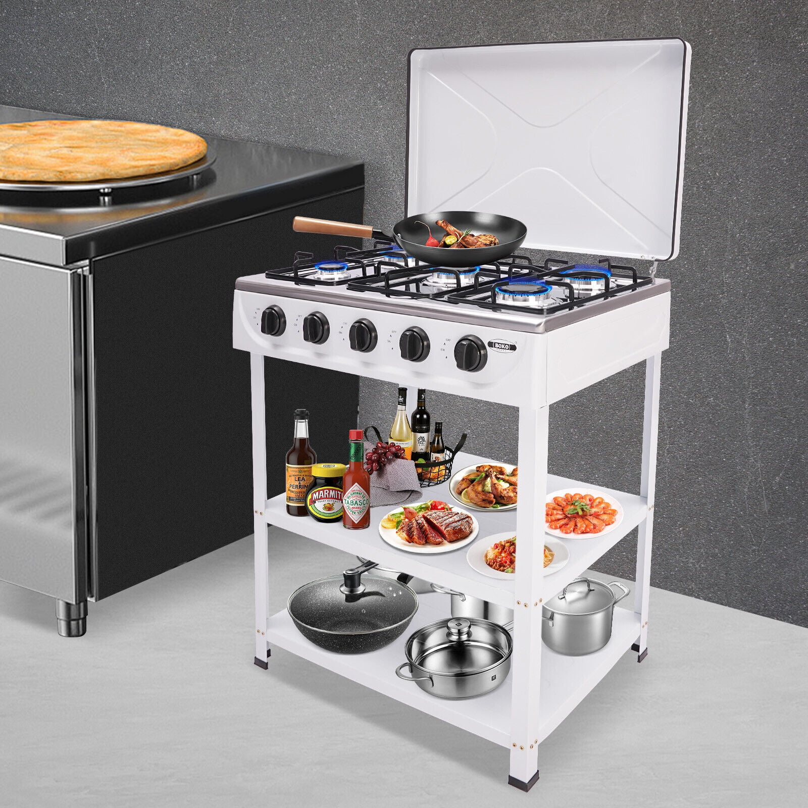 5-Burner Natural Gas Stove with Precise Heat Control, Independent Knobs, Efficient Cooking, Durable Enamel & Aluminum Design