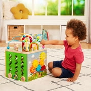 Battat Barnyard Activity Cube with 5 Multicolor Sides and Bead Maze Wooden, Baby and Toddler Toys
