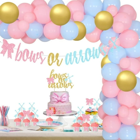 Bows or Arrows Gender Reveal Decorations, Bows or Arrows Baby Shower Party with Balloon Garland Kit, Bows or Arrows Banner Cake Toppers Supplies