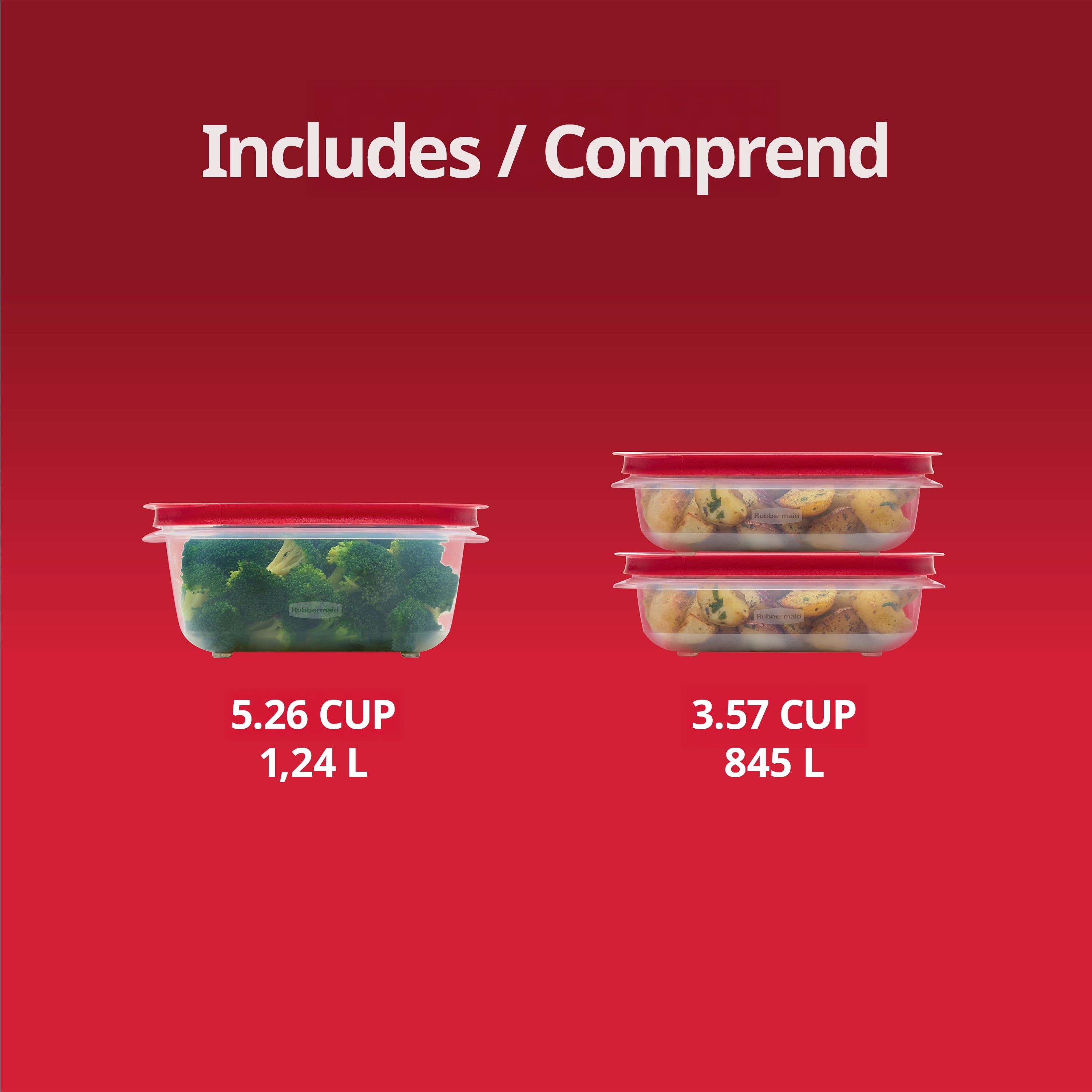 Contenants de conservation des aliments rectangulaires Stockagefacile de 3,57 tasses (2) et de 5,26 tasses de Rubbermaid avec couvercles, paquet de 3