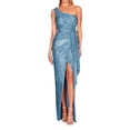 thumbnail image 1 of Vestidos de invitada de boda Prolriy para mujer, vestido largo plisado con lentejuelas y abertura en la cintura con lazo de un hombro para mujer 2024, vestidos de mujer azul 1 S, 1 of 7