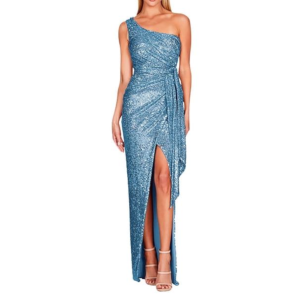 Vestidos de invitada de boda Prolriy para mujer, vestido largo plisado con lentejuelas y abertura en la cintura con lazo de un hombro para mujer 2024, vestidos de mujer azul 1 S