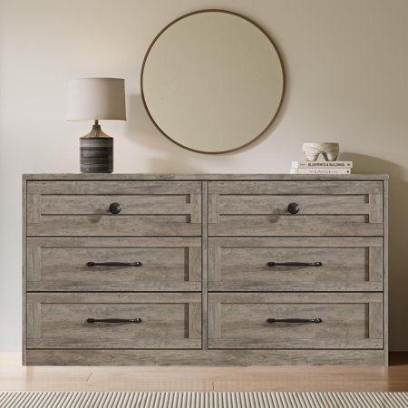 6-Drawer Dresser Grey Retro Chest of Drawers for Bedroom Living Room Multi-Purpose Storage Cabinet with Wide Top Display Platform