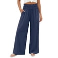 thumbnail image 3 of Cutuoiiu Pants for Women Solid Color Ruffled High Waist Wide Leg Palazzo Pants Elastic Smocked Waist Casual Cotton Pants with Side Pockets Plus Size Available for Summer Beach Daily Wear, 3 of 9