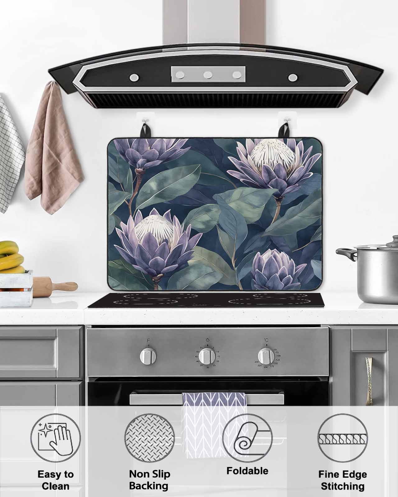 nqOlkjepod Large Induction Cooktop Protector Mat 24"x21", Purple Flower Stove Top Covers for Electric Stove, Botanical Budding Flowers Leaf Plant Stove Burner Cover Mats, Glass Top Stove Cover