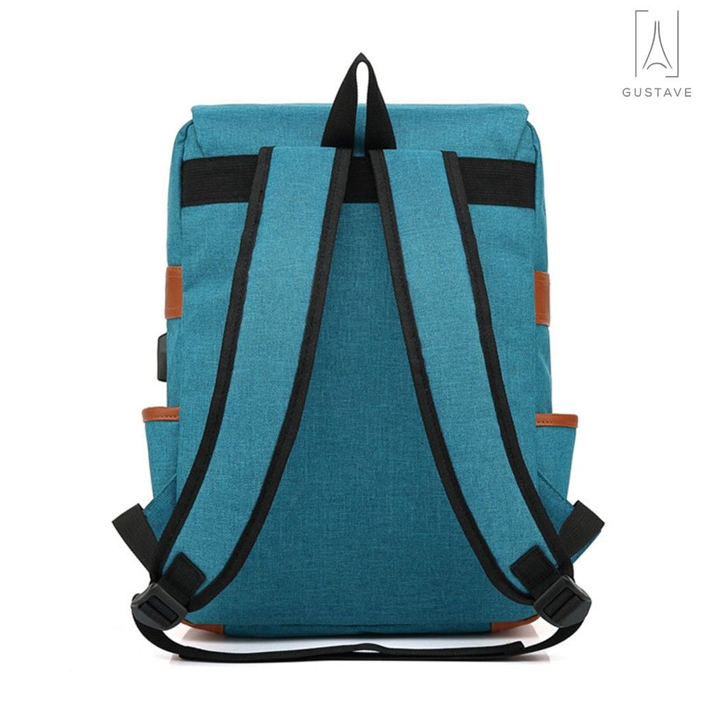 Gustave Canvas Anti-Theft Laptop Backpack for Men Women Large Capacity Casual Travel Backpack Daypack Computer Bag with USB Charging Port "Blue"