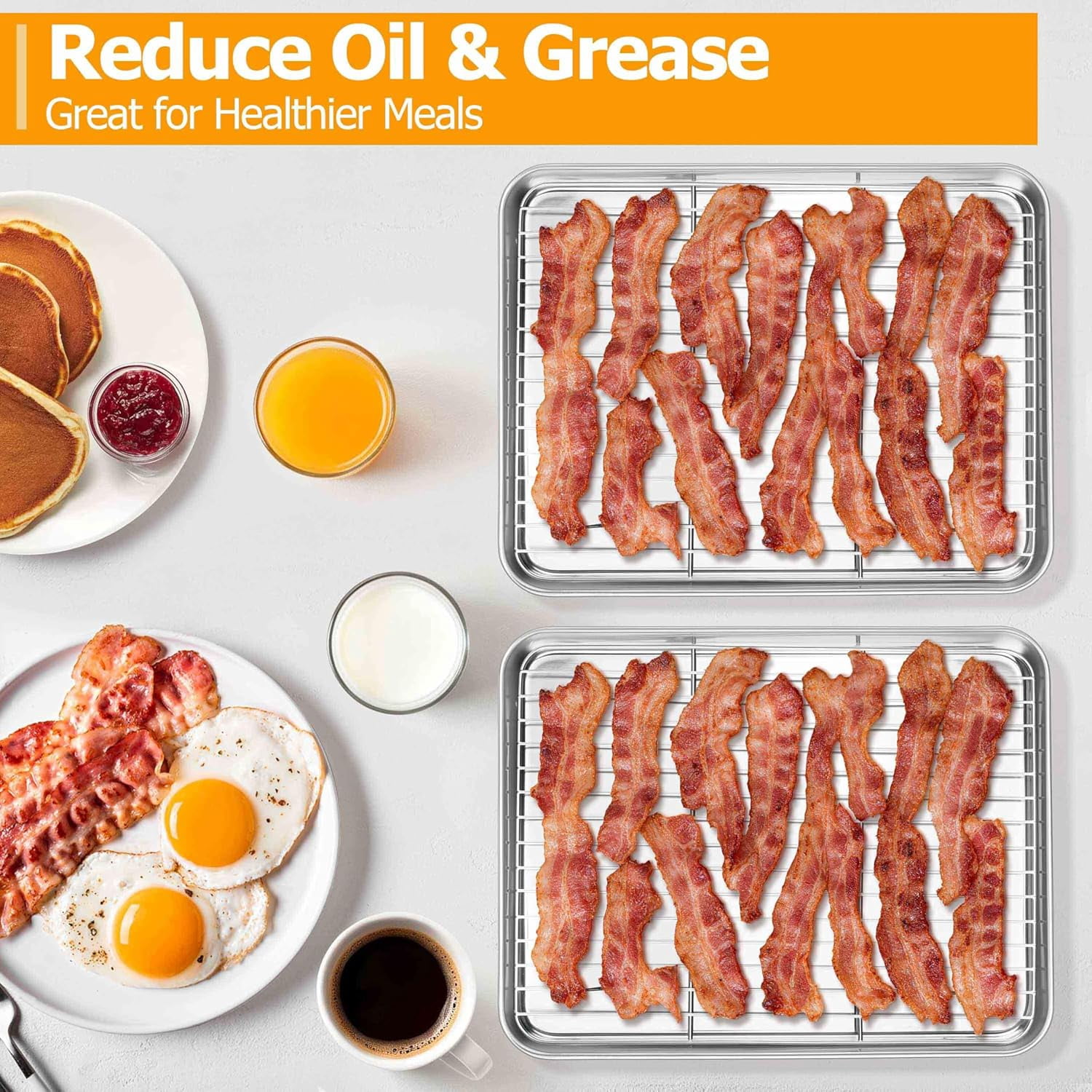Quarter Sheet Pan with Rack Set (2 Sheets + 2 Racks), 9x13 Stainless Steel Baking Sheets with Non Toxic, Metal Cookie Bacon Tray for Toaster Oven Baking Cooking, Dishwasher Safe