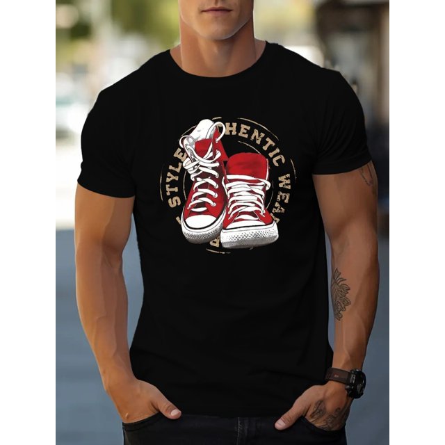 Canvas shoe pattern printed men's creative top, casual short-sleeved round neck T-shirt, summer outdoor men's wear