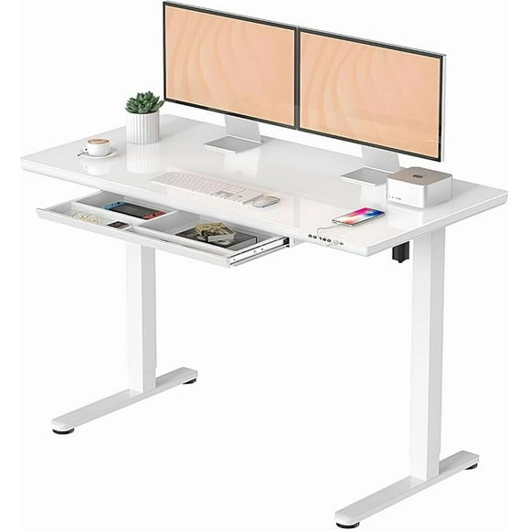 Electric Standing Desk with Glass Tabletop and Drawer, Ergonomic Height Adjustable Stand Up Table Home Office Computer Sit Stand Desk with Memory Controller, Type-C & USB Ports, White