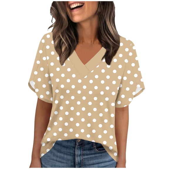 T-Shirt for Women Classic Polka Dot Print V Neck Petal Short Sleeve Loose Fit Novelty Graphic Tee Breathable Summer Casual Daily Wear Fashion Top