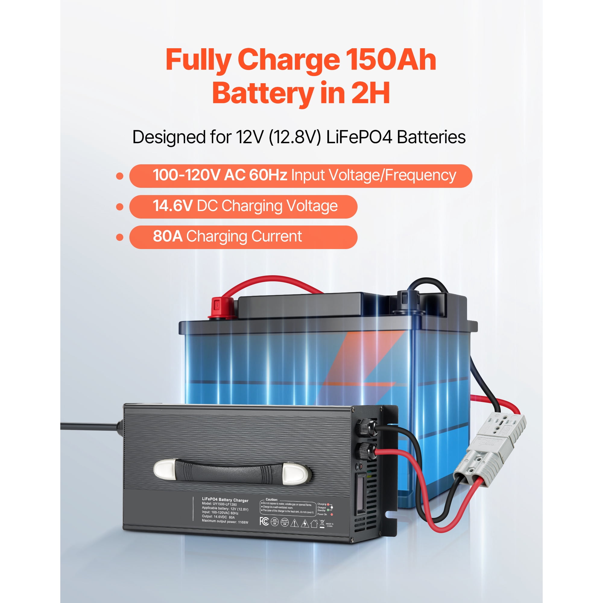 KFFKFF 12V 80A Lithium Battery Charger, 14.6V AC-DC LiFePO4 Smart Charger with Anderson Connector, LED Display, 0V Activation, Compatible with Lithium LiFePO4 Deep Cycle Batteries for Boats and RVs