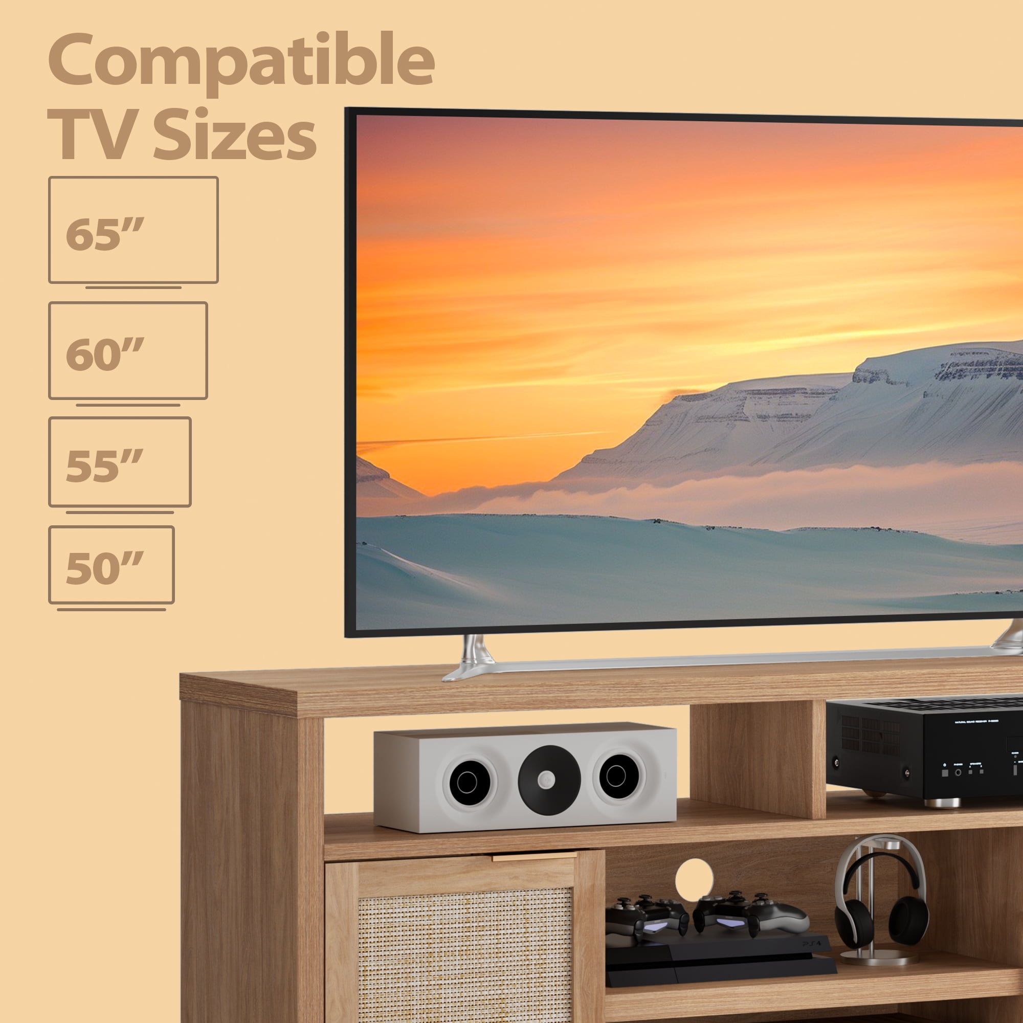 ARKANTOS Rattan TV Stand for 65 inch TV,Tall TV Console for Living Room,Natural Oak