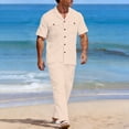 thumbnail image 6 of Men’s 2 Piece 100% Cotton Linen Outfit Summer Beach Short Sleeve Button Down Work Shirt and Pants Set Khaki, 6 of 8