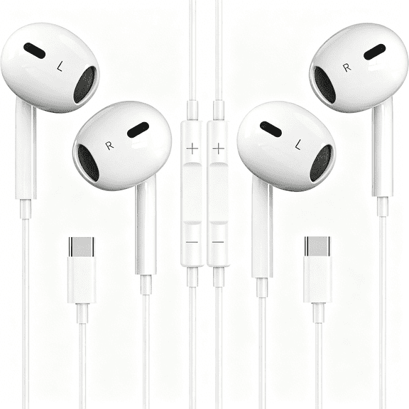 GJX Usb C Headphones, 2 Pack Type C Headphones Wired in Ear Earbuds with Mic & Volume Control Noise Cancelling for Iphone 15/16/17,Ipad S25/S24/S23/S22/S21,Pixel 7/6,White